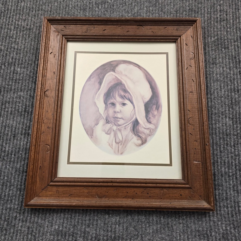 Vel Miller Framed Lithograph Print Girl in Bonnet Purple Sepia Vintage Wall Art